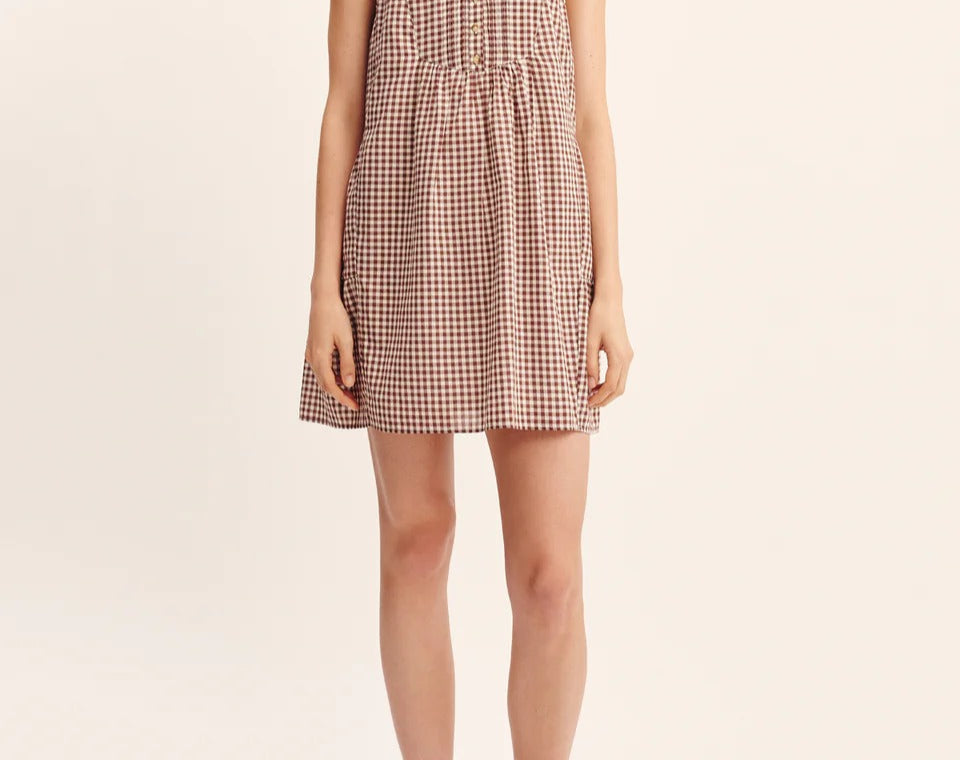 Women wearing Posse's Callie Shift Mini Dress in Mocha Gingham.