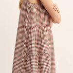 Women wearing Posse's Callie Shift Mini Dress in Mocha Gingham.