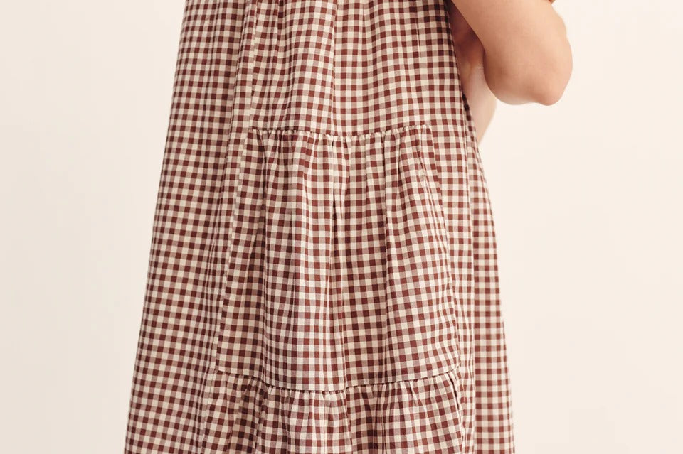 Women wearing Posse's Callie Shift Mini Dress in Mocha Gingham.