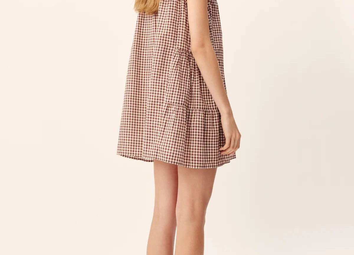 Women wearing Posse's Callie Shift Mini Dress in Mocha Gingham.