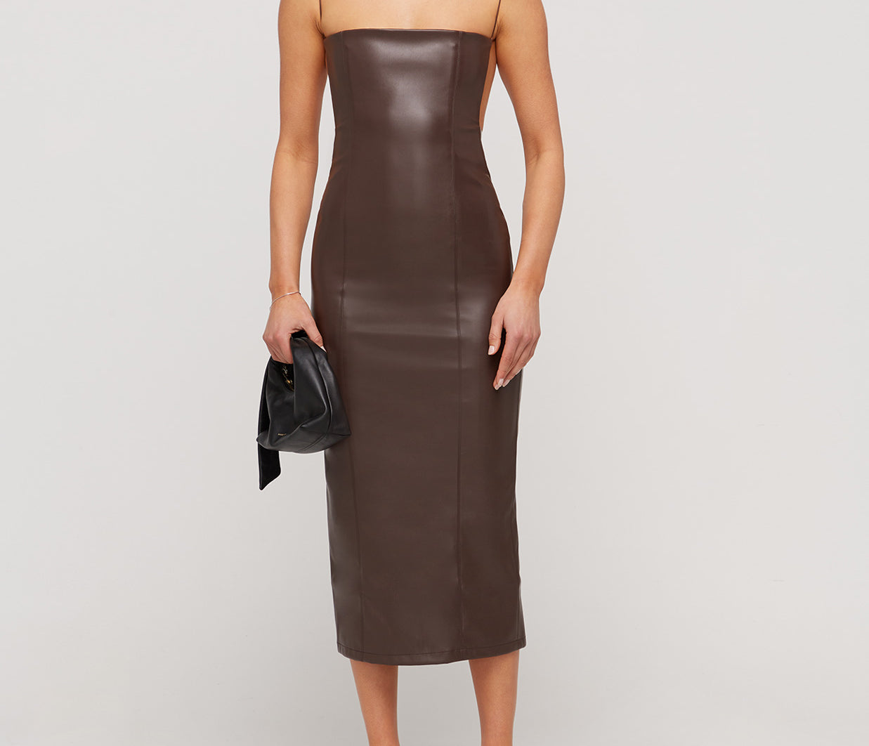 Vegan Leather Open Back Midi Dress in Dark Brown Mode Sportif Vegan Leather Open Back Midi Dress in Dark Brown Mode Sportif