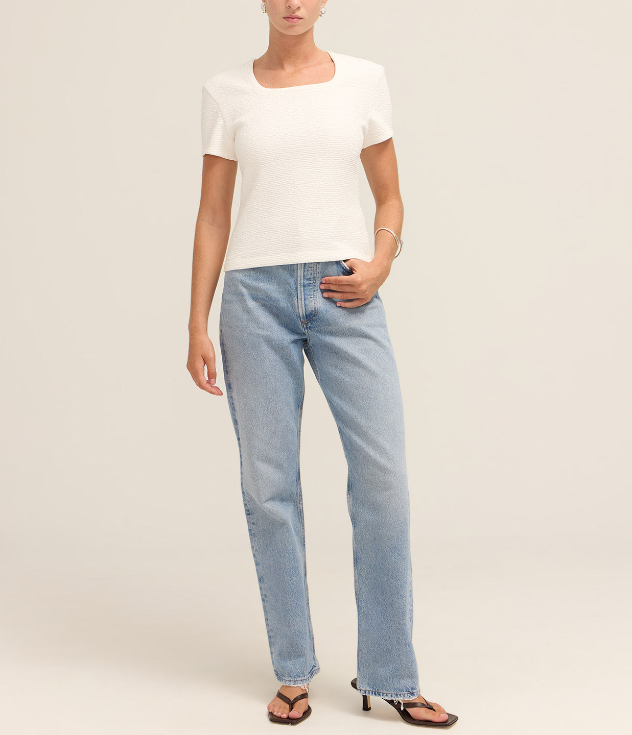 トップス ORR Embossed square neck t-shirt gray M ORR Embossed square neck t-shirt gray M